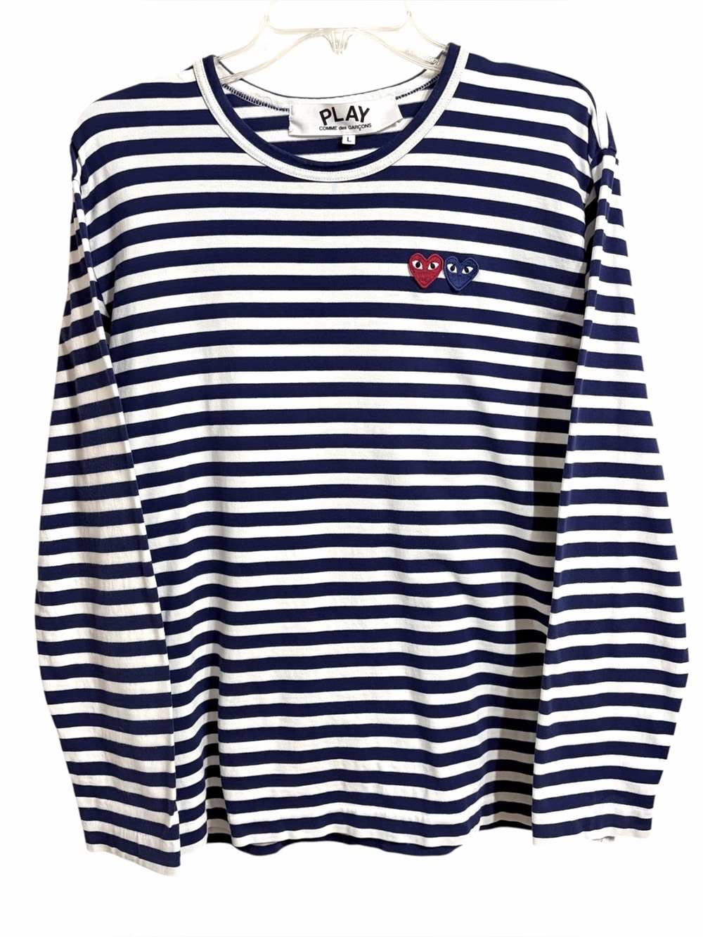 Comme de Garçons Play Striped Double Heart Patch T Shirt Unisex L Blue White